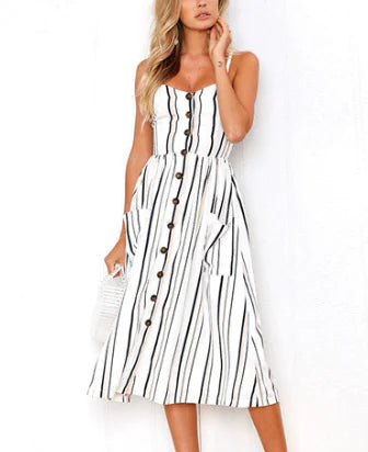 Casual striped linen cotton backless  ladies dress