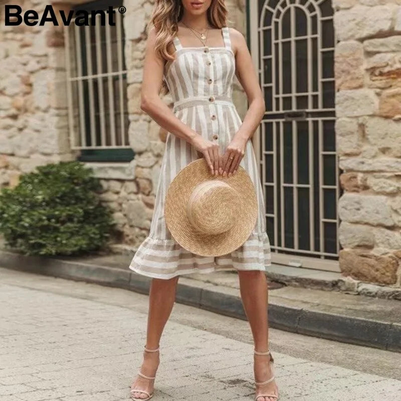 Casual striped linen cotton backless  ladies dress