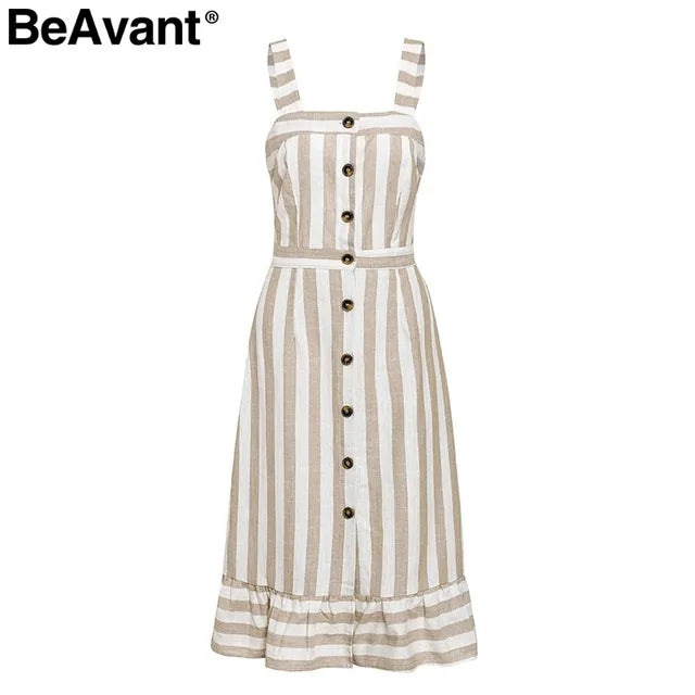 Casual striped linen cotton backless  ladies dress