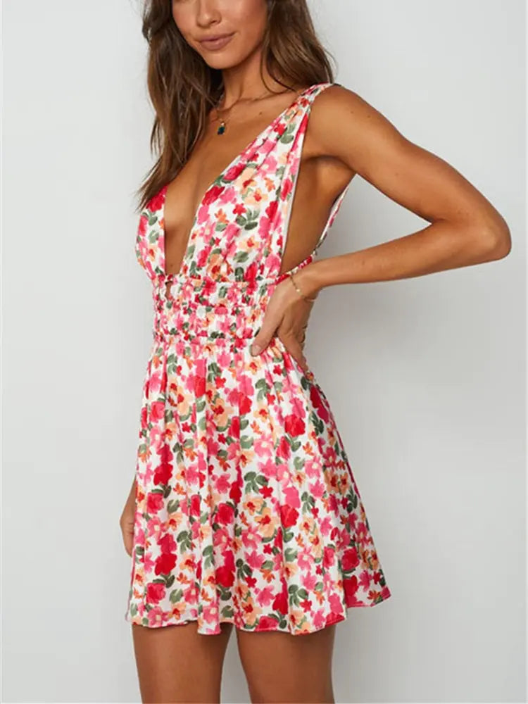 Floral Print Backless Short Dress