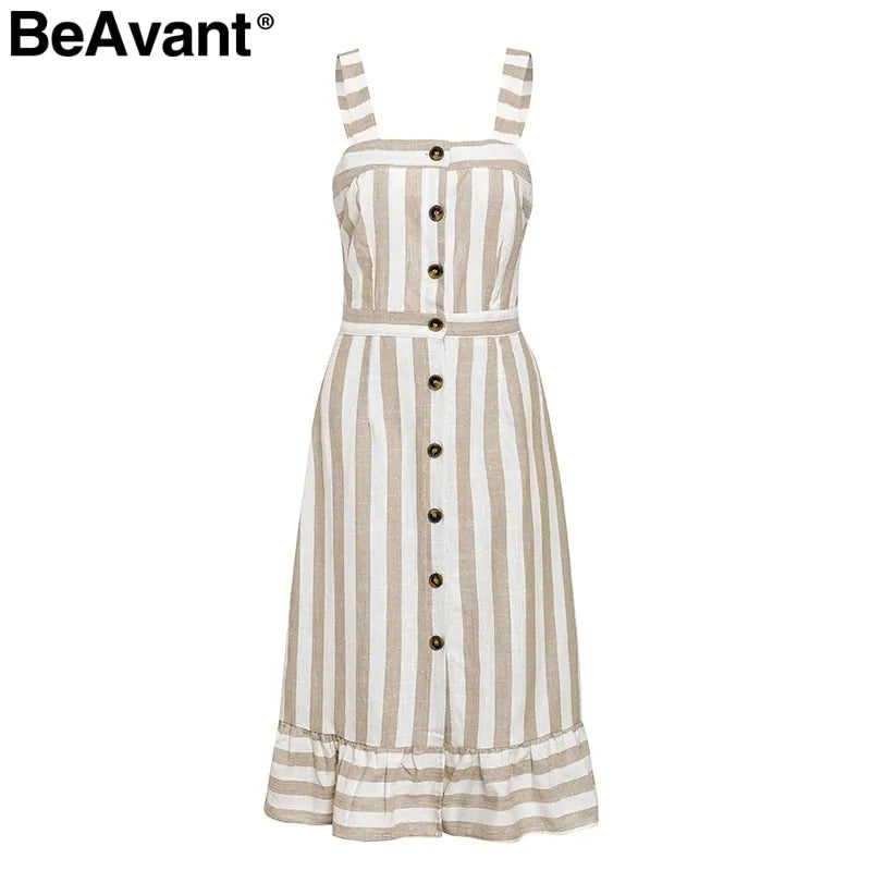 Casual striped linen cotton backless  ladies dress