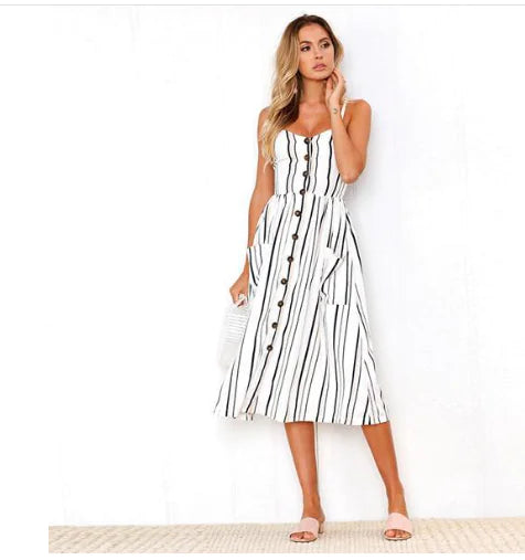 Casual striped linen cotton backless  ladies dress