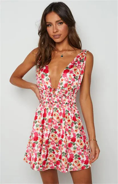 Floral Print Backless Short Dress