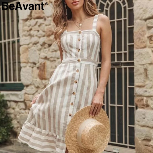 Casual striped linen cotton backless  ladies dress